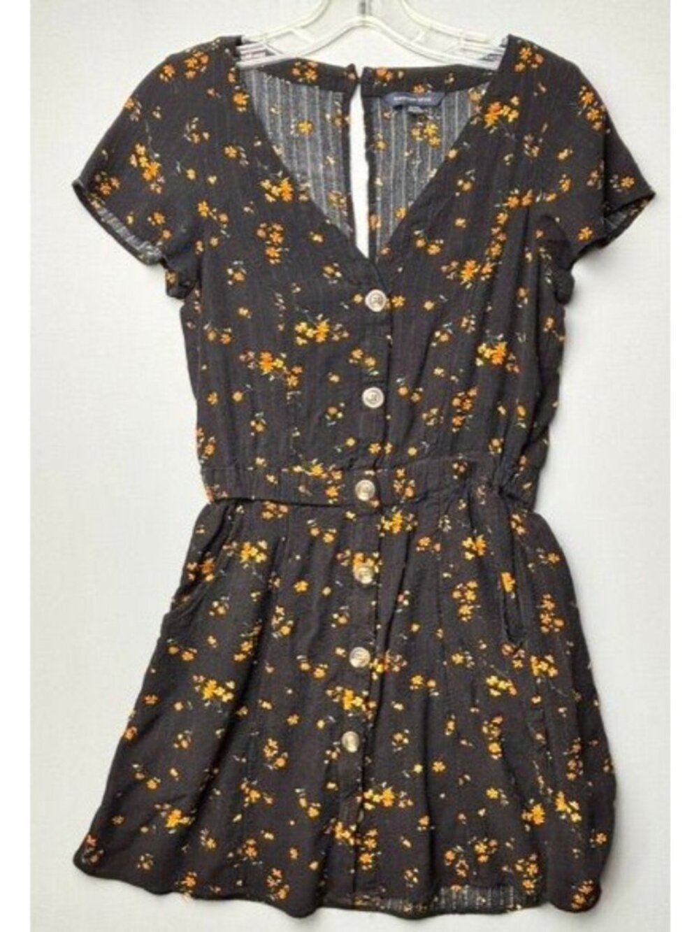 American Eagle Women's Black Orange Floral Button Front Romper Cottagecore Boho